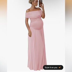 NWT- Off-Shoulder Pink Pleated Maternity Maxi Dress